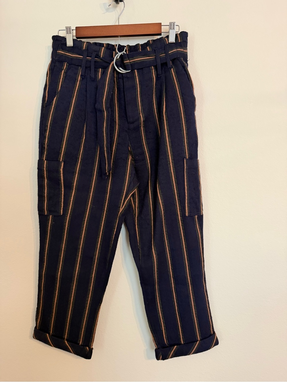 Free People Navy Pants with Tan Stripes Cargo Trousers